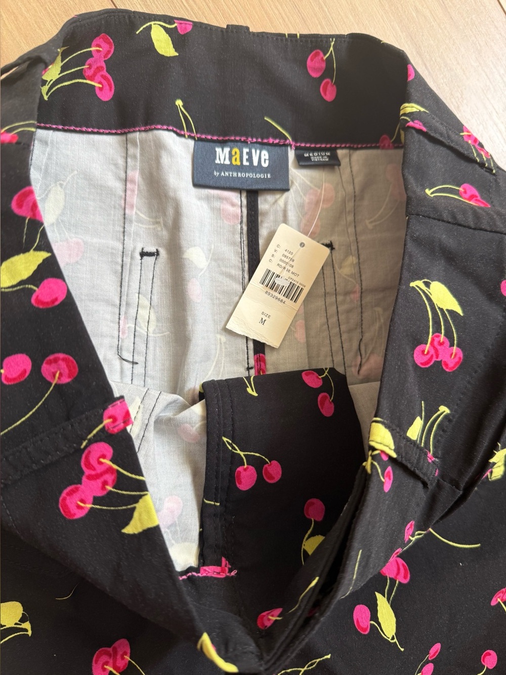 Anthropologie Maeve Black and Pink Cherry Print - Picture 2 of 7